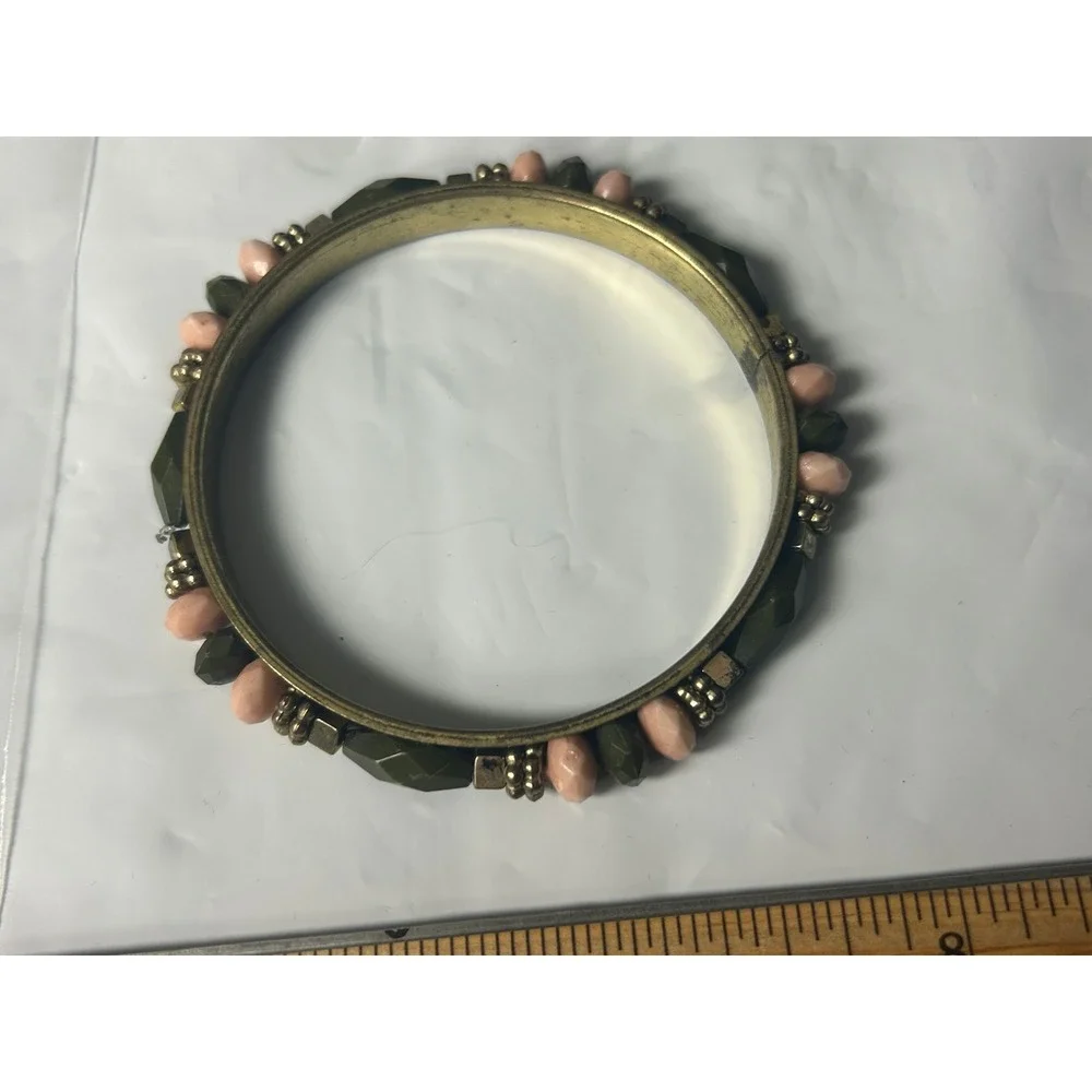 Boho Beaded Bangle‎ Bracelet Green Pink Gold Tone Artisan Statement